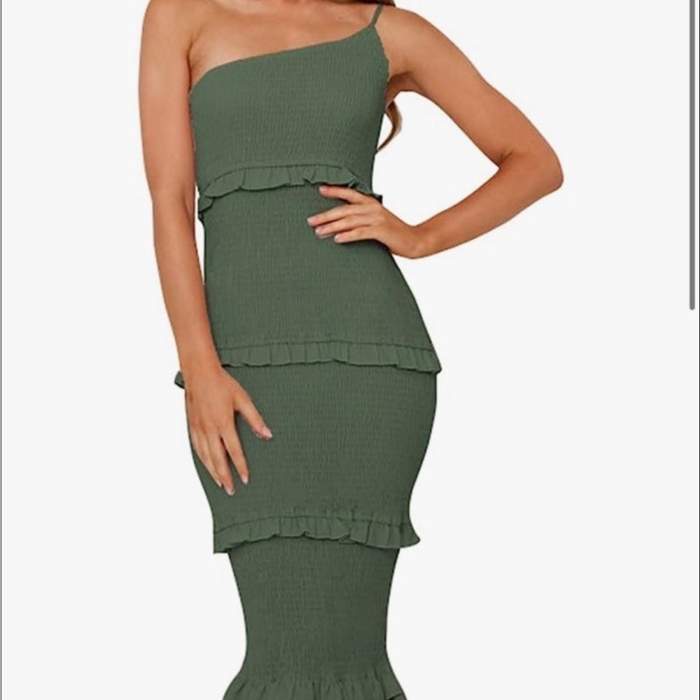 One shoulder strap ruffle dress -olive